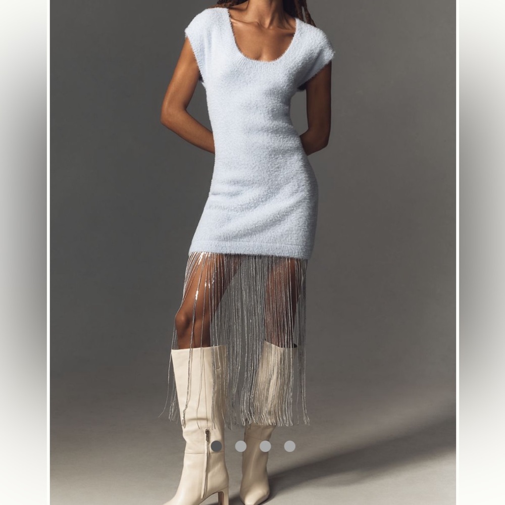 Anthropologie Dress Sweater Fringe Trim Blue Size Medium